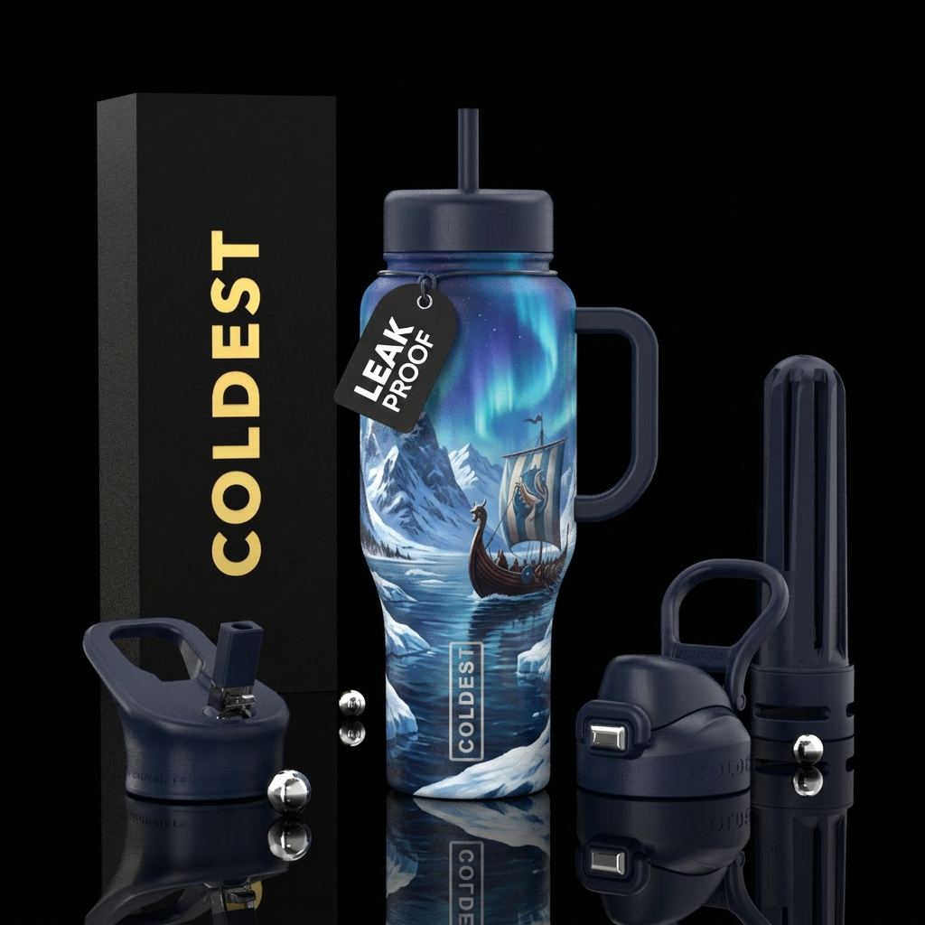 nordic, ship, mountains, snow water bottle design