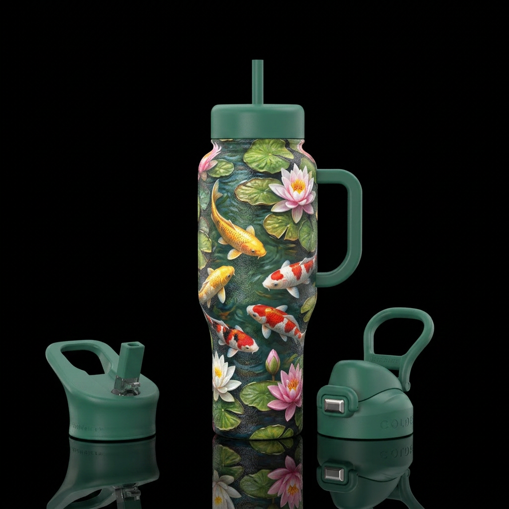 koi pond, lily pads, lotus water bottle design