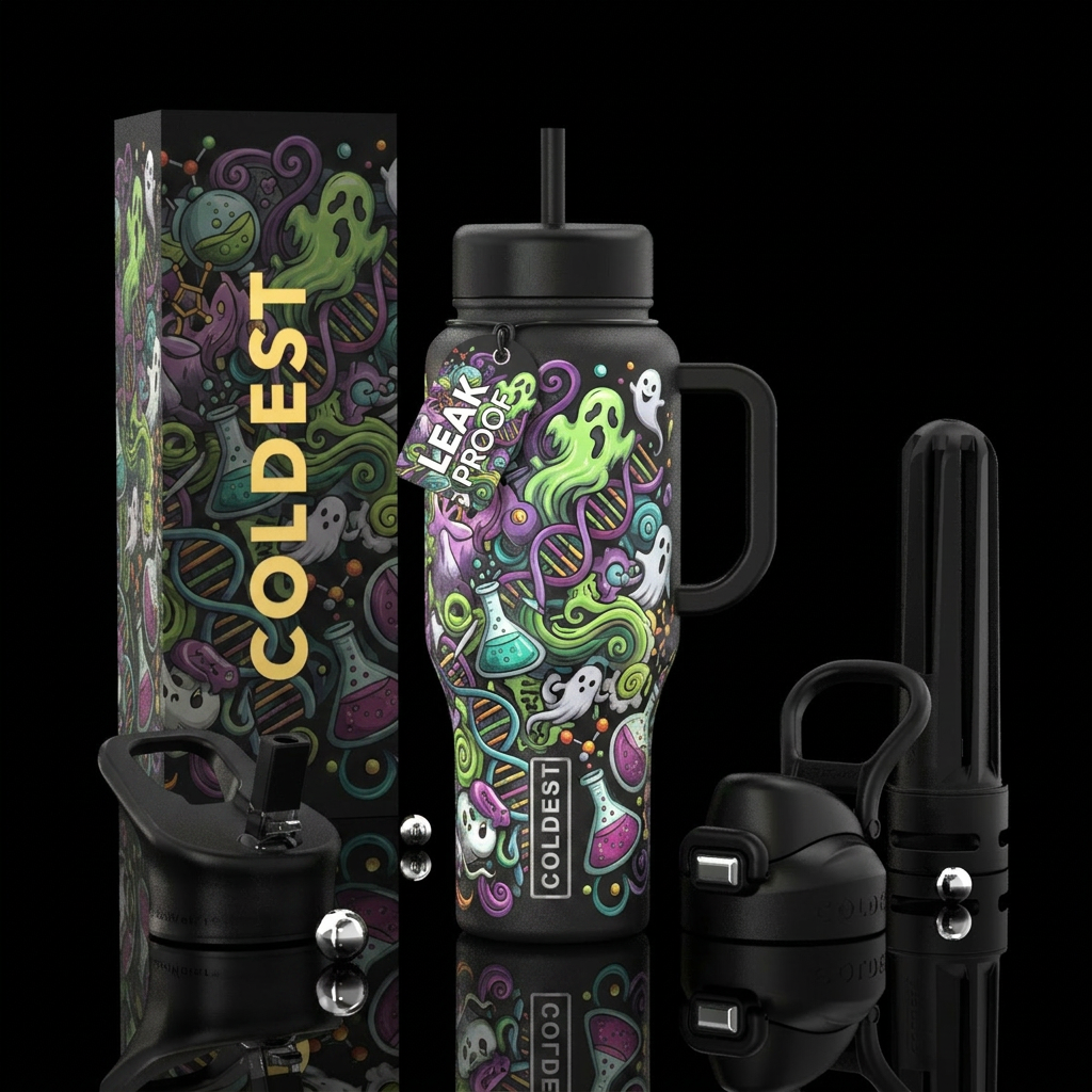 scientific, cartoon, haunted water bottle design