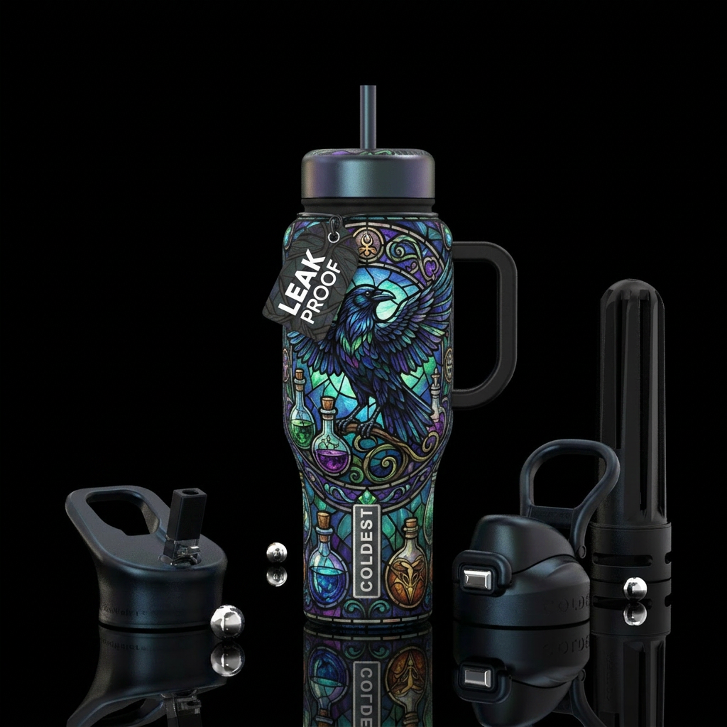 raven, potions, stained glass water bottle design