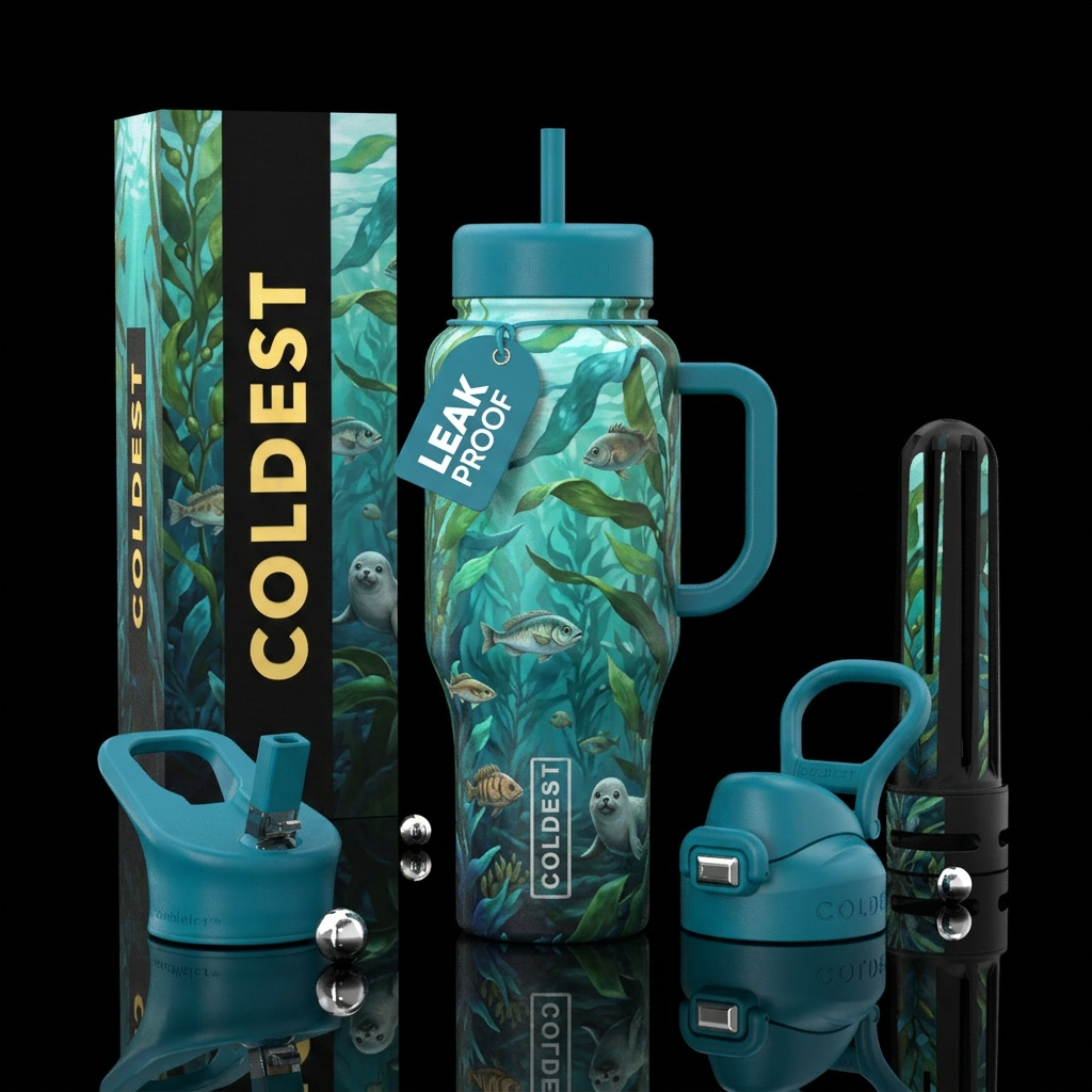 kelp forest, fish, seals, cute, front and back water bottle design