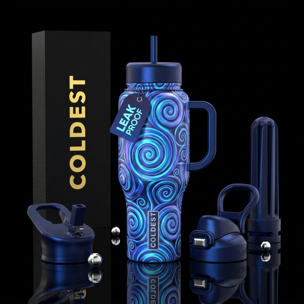 spirals, glowie, blue, irridescent water bottle design