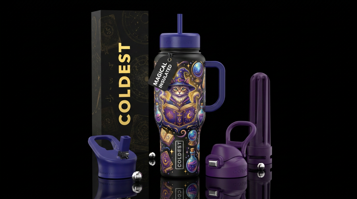 magic, cat, books. potions water bottle design