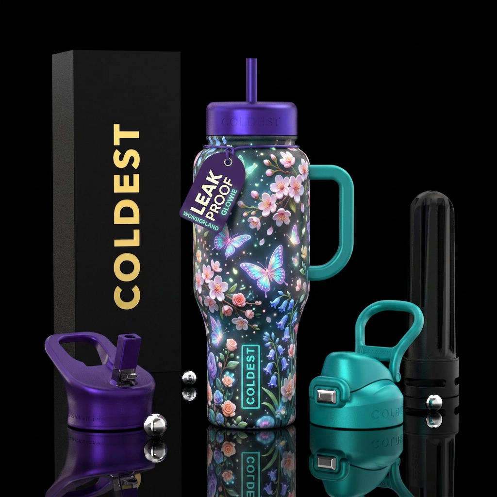 wonderland, spring bloom, glowie, butterfly water bottle design