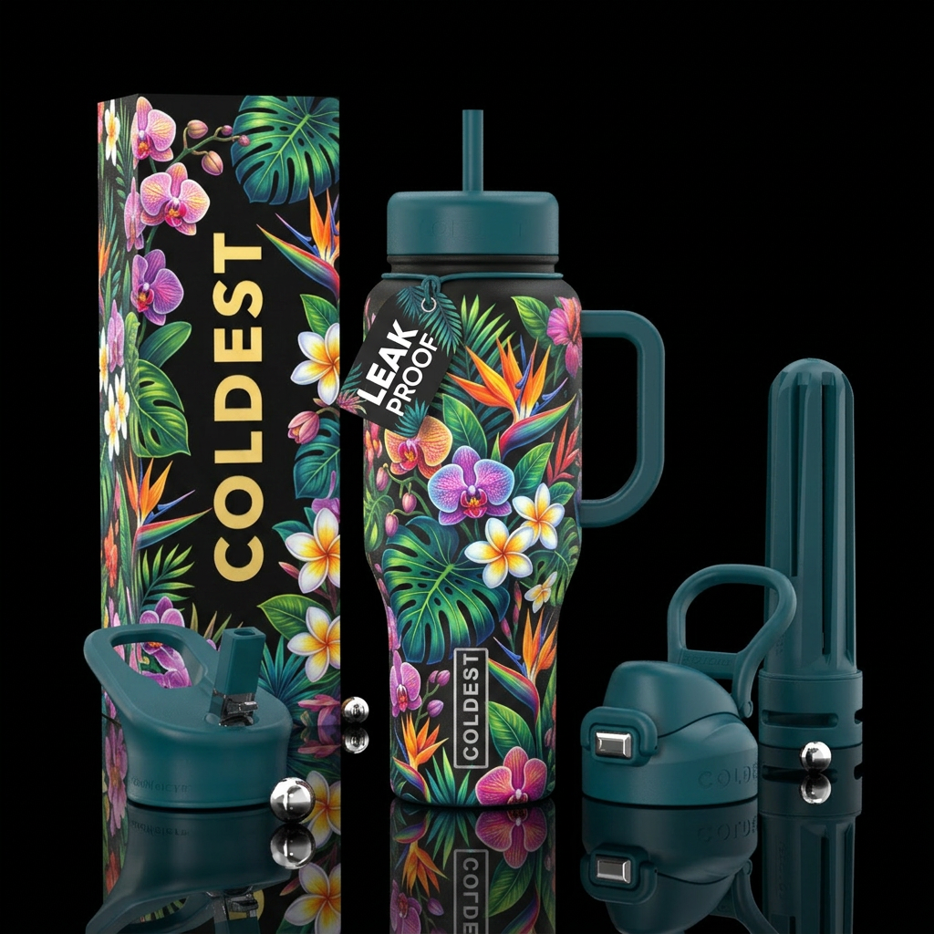 tropical flowers, beautiul, vibrant, magical water bottle design