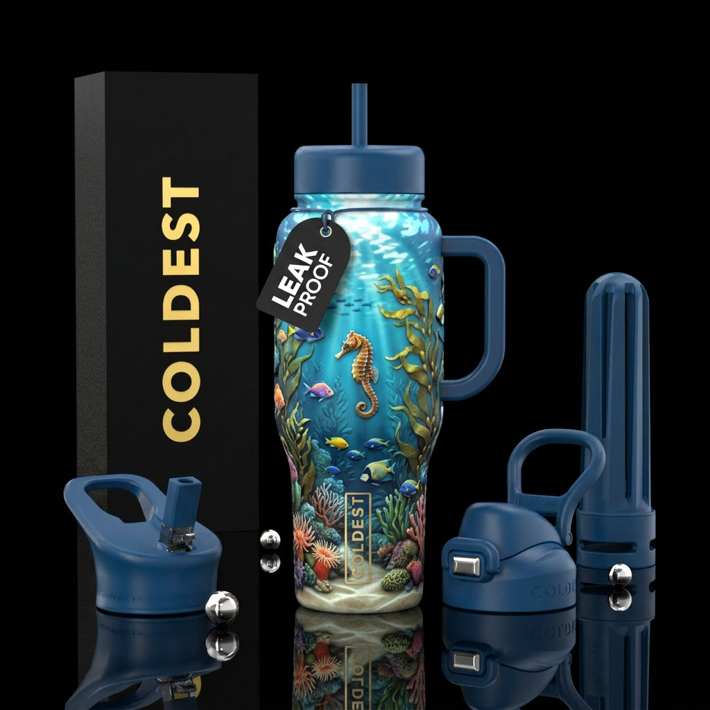 seahorse, ocean, kelp, fish water bottle design