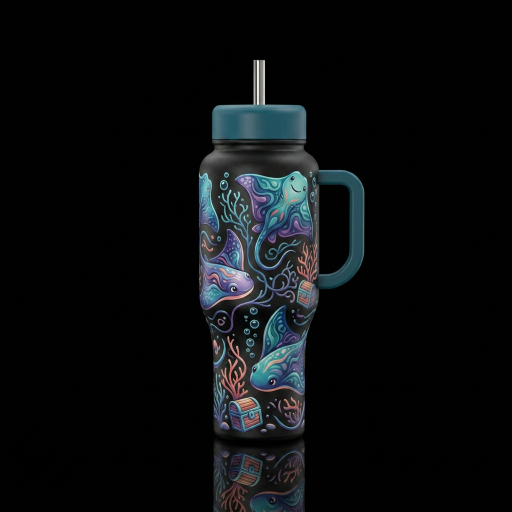 whimsical, stingray, nautical water bottle design