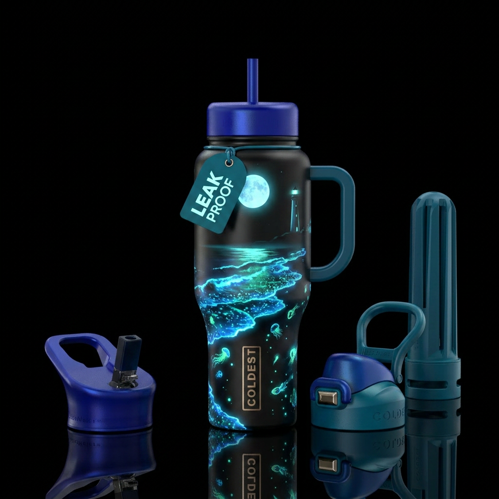 bioluminescent, waves. ocean, moon, lighthouse water bottle design