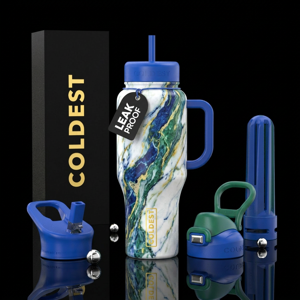 marble, blue, green, yellow water bottle design