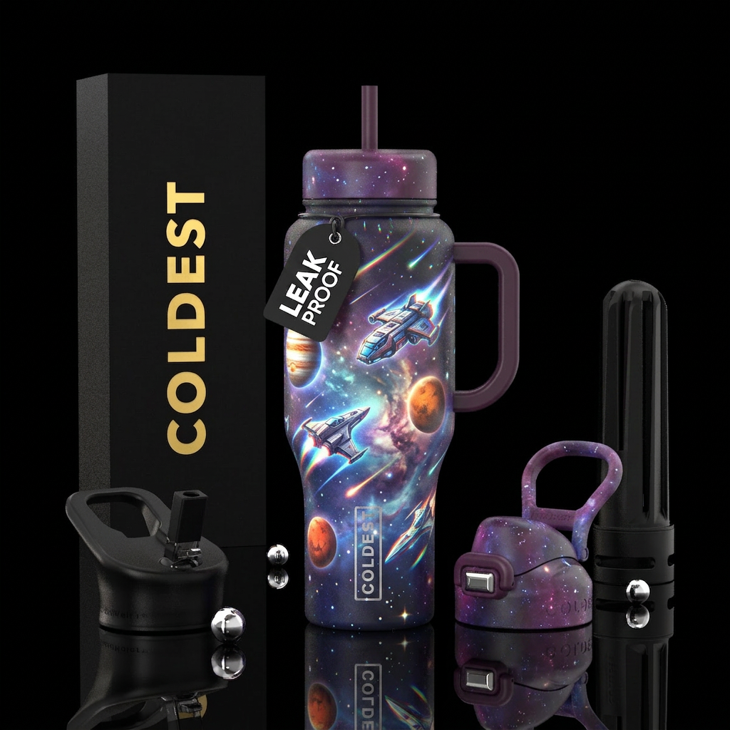 planets. spaceship, hyperspeed. glowier water bottle design