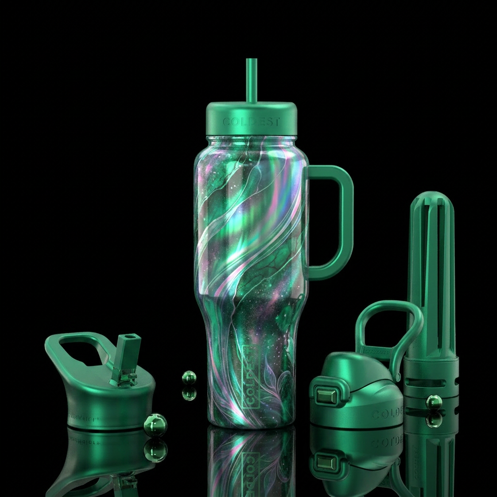 aurora, emerald, spring bloom water bottle design