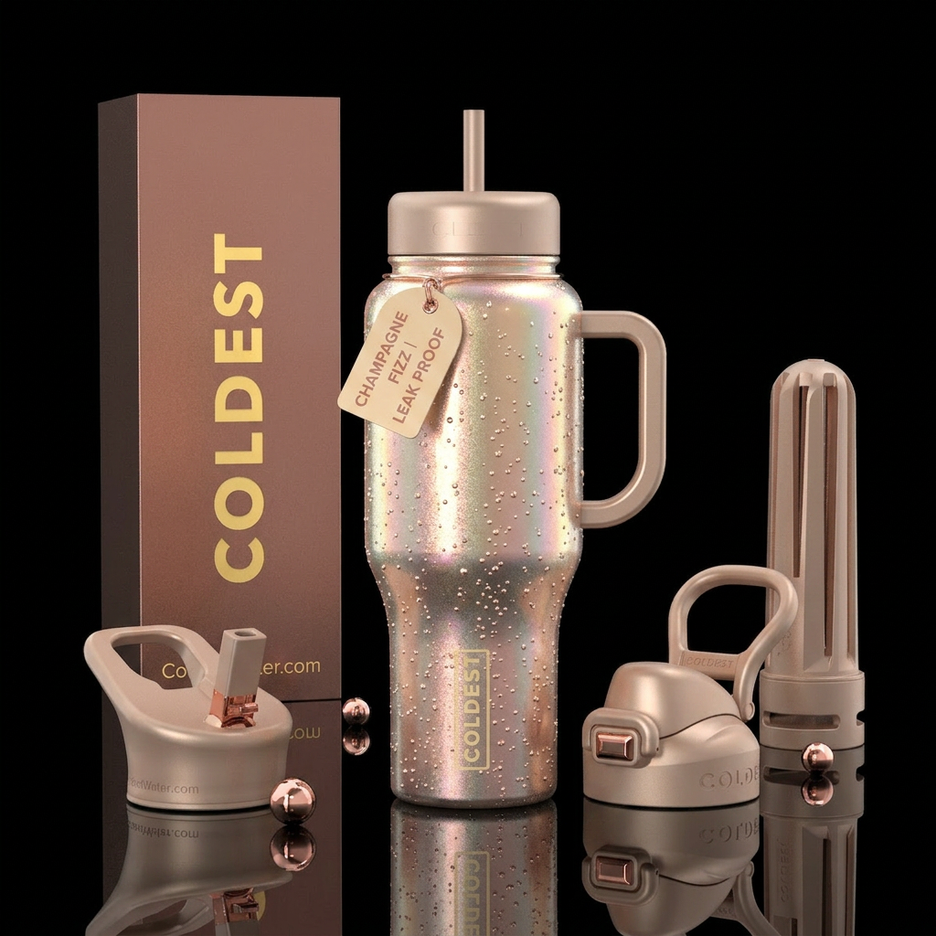 champagne, bubbles, rose gold water bottle design