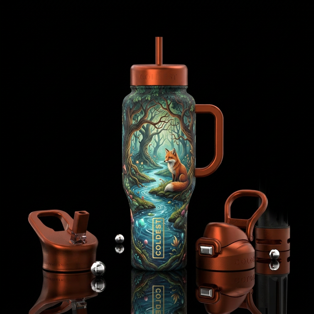 trees, whimsical, river, fox water bottle design