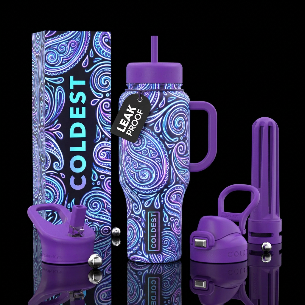 paisley, glowie, blue, purple, white water bottle design