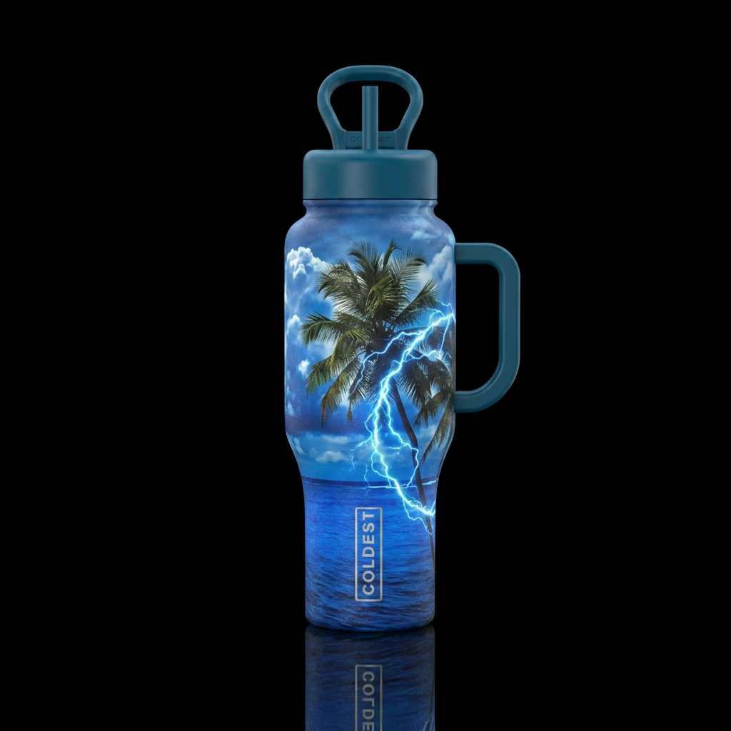 clouds, ocean, electric, beach, palm trees water bottle design