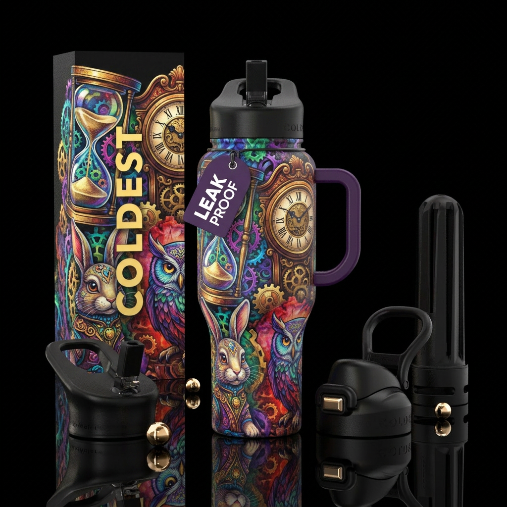 hourglass, time clock, bunny, owl water bottle design