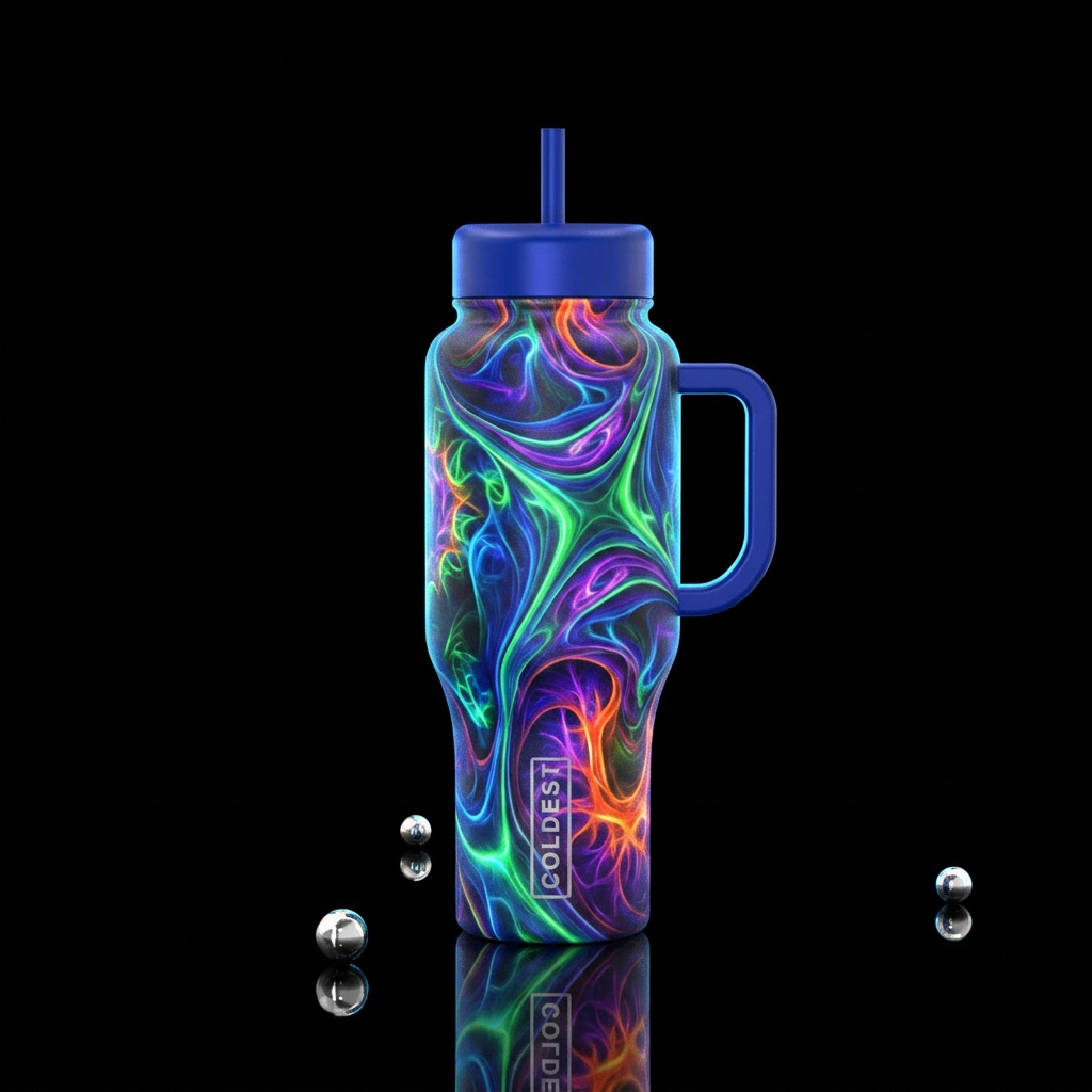 psychedelic, glowie, vibrant water bottle design