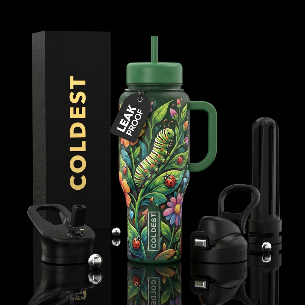 caterpillar. leaves, flowers, ladybug water bottle design