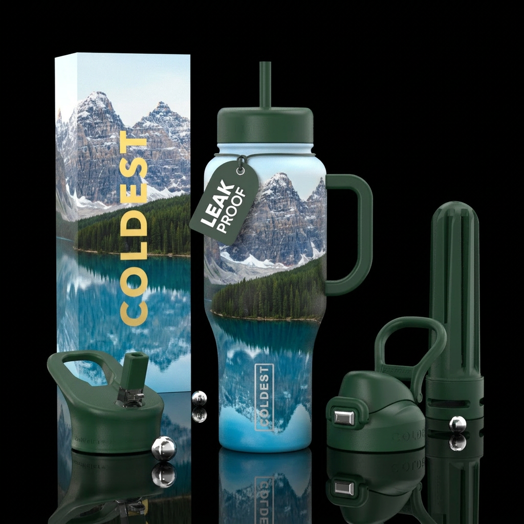 mountains, forest, lake, beauty water bottle design