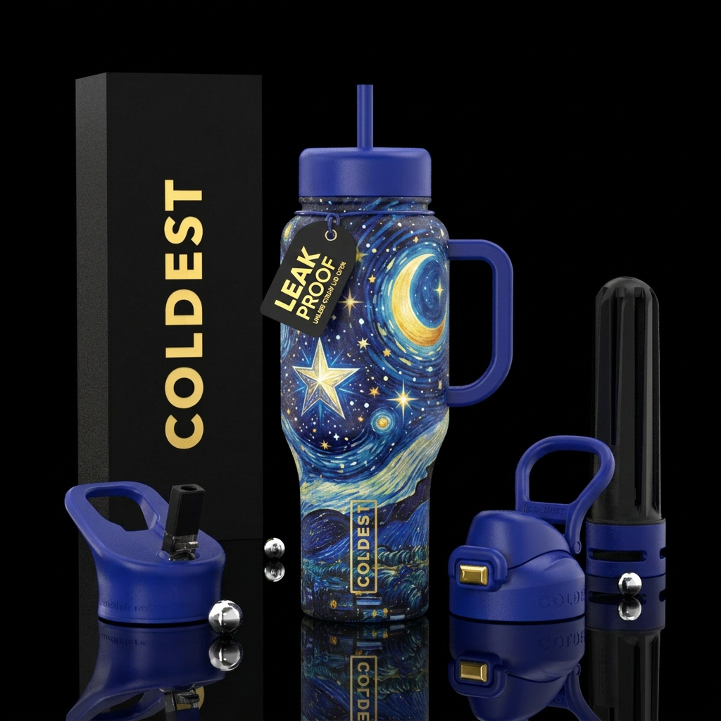 starry night, extravagant, vibrant water bottle design