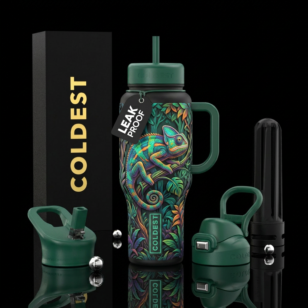 chameleon, trees water bottle design