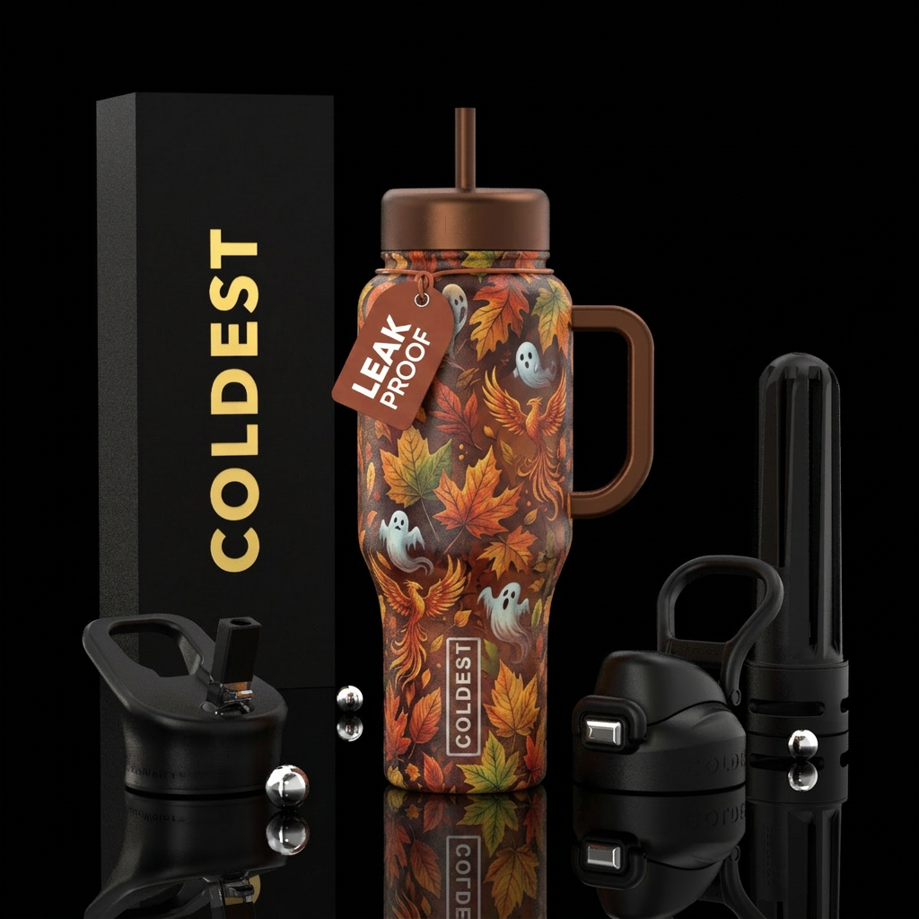 autumn leaves, haunted, mythical water bottle design