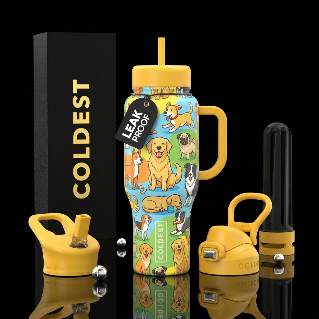 dog, cartoon, happy mood water bottle design