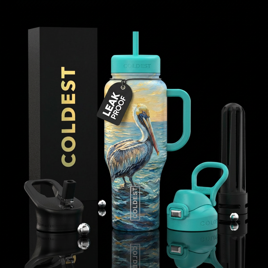 ocean, oil painted, pelican water bottle design