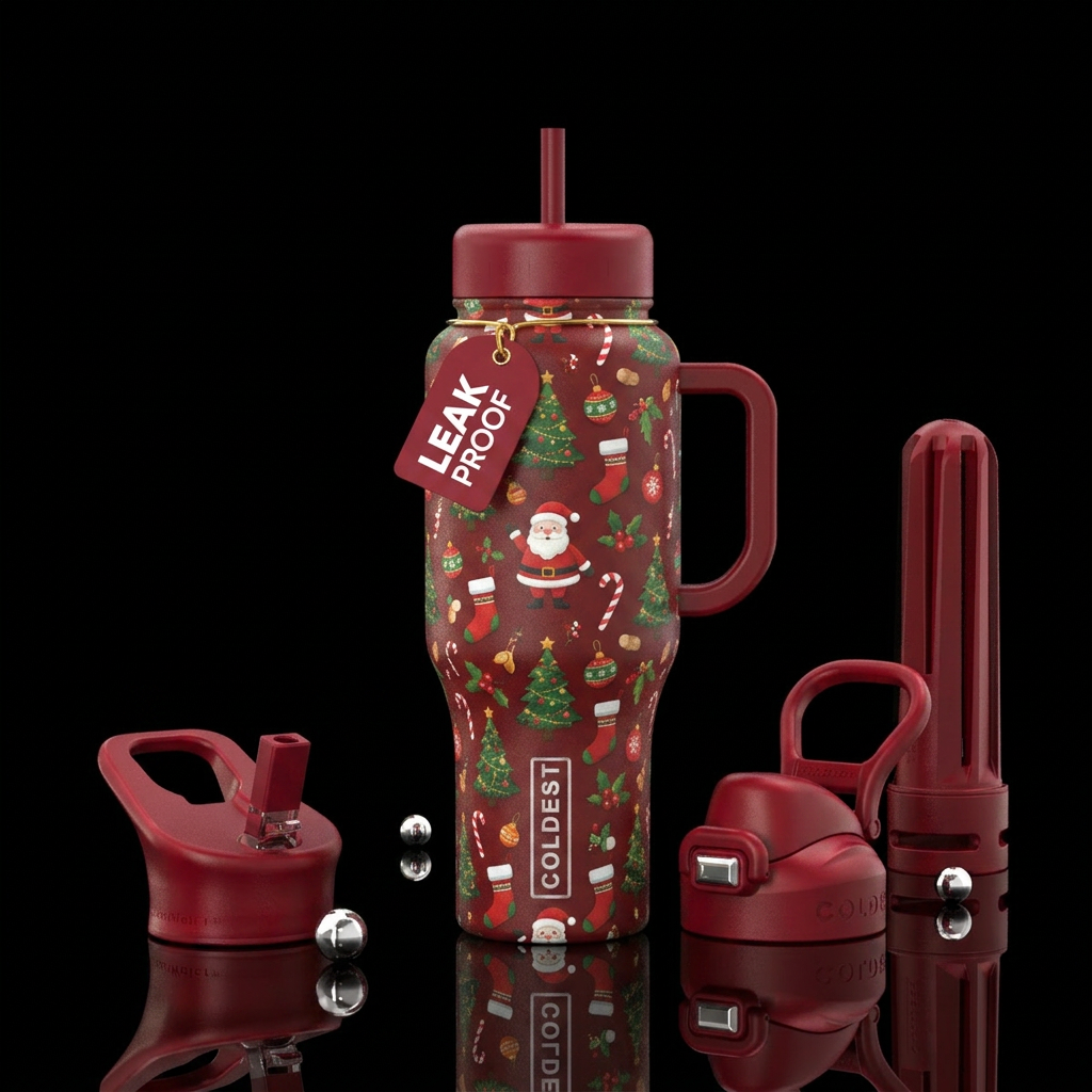 santa, christmas tree, stockings, candy canes, water bottle design