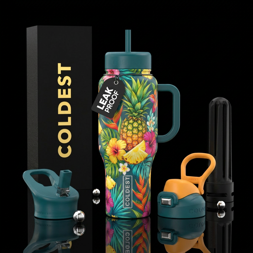 pineapple, tropical flowers, beautiul, vibrant water bottle design