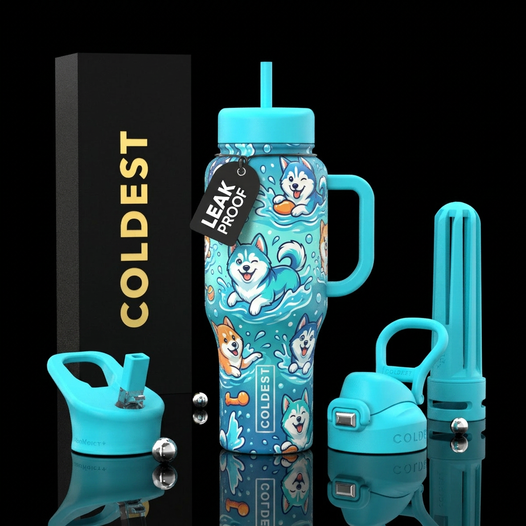 pompsky, dog, water, playful, cartoon water bottle design