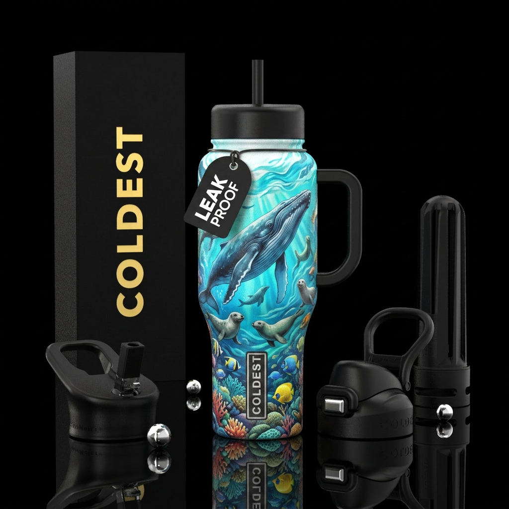 whale, ocean, seals, coral, fish water bottle design