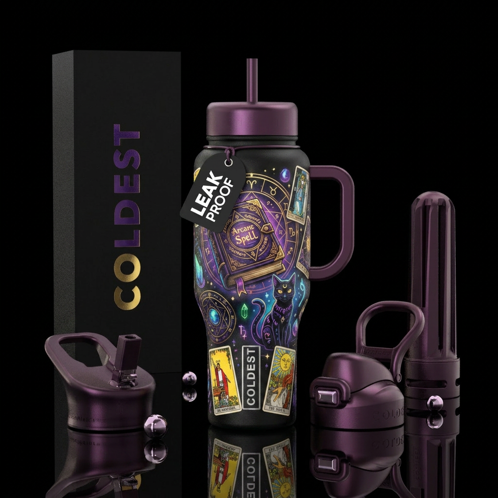 magic, cat, spell book, tarot cards water bottle design