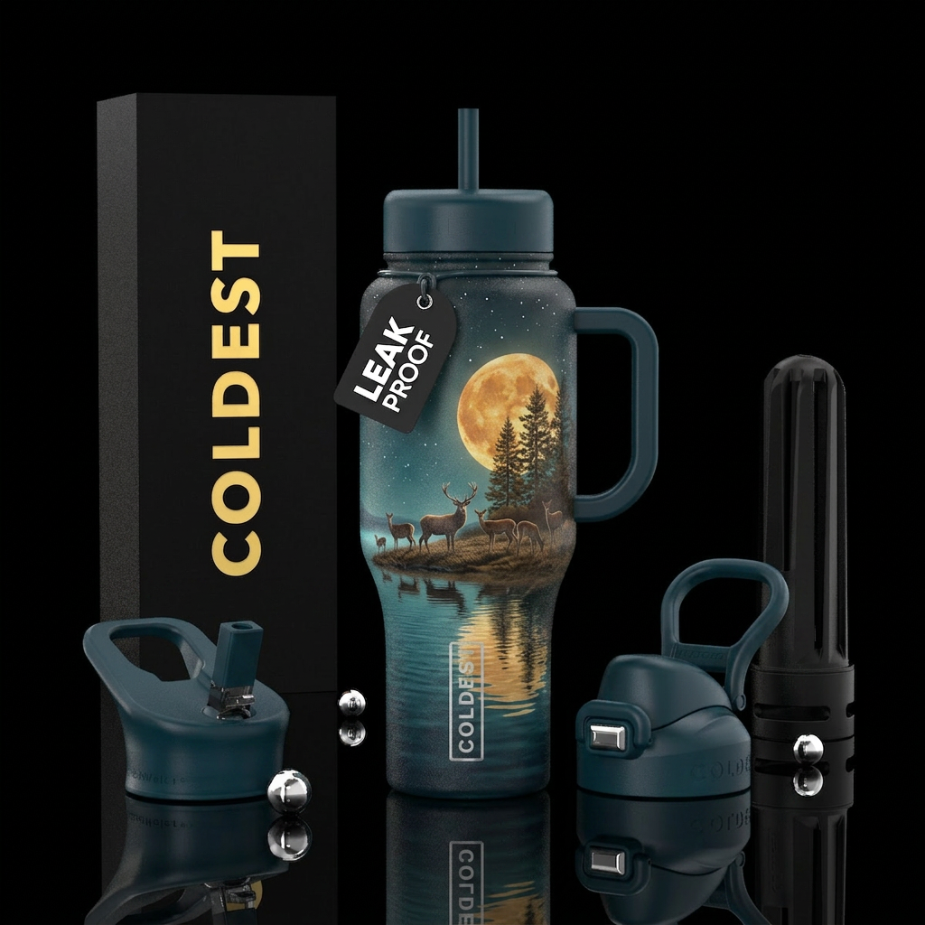 calm waters, harvest moon. trees. deer water bottle design