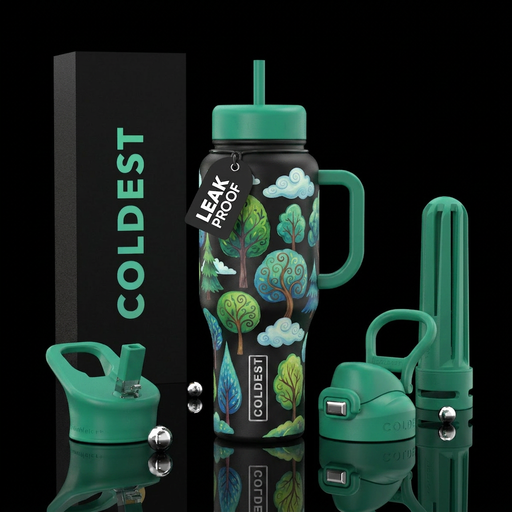 trees, clouds, whimsical water bottle design