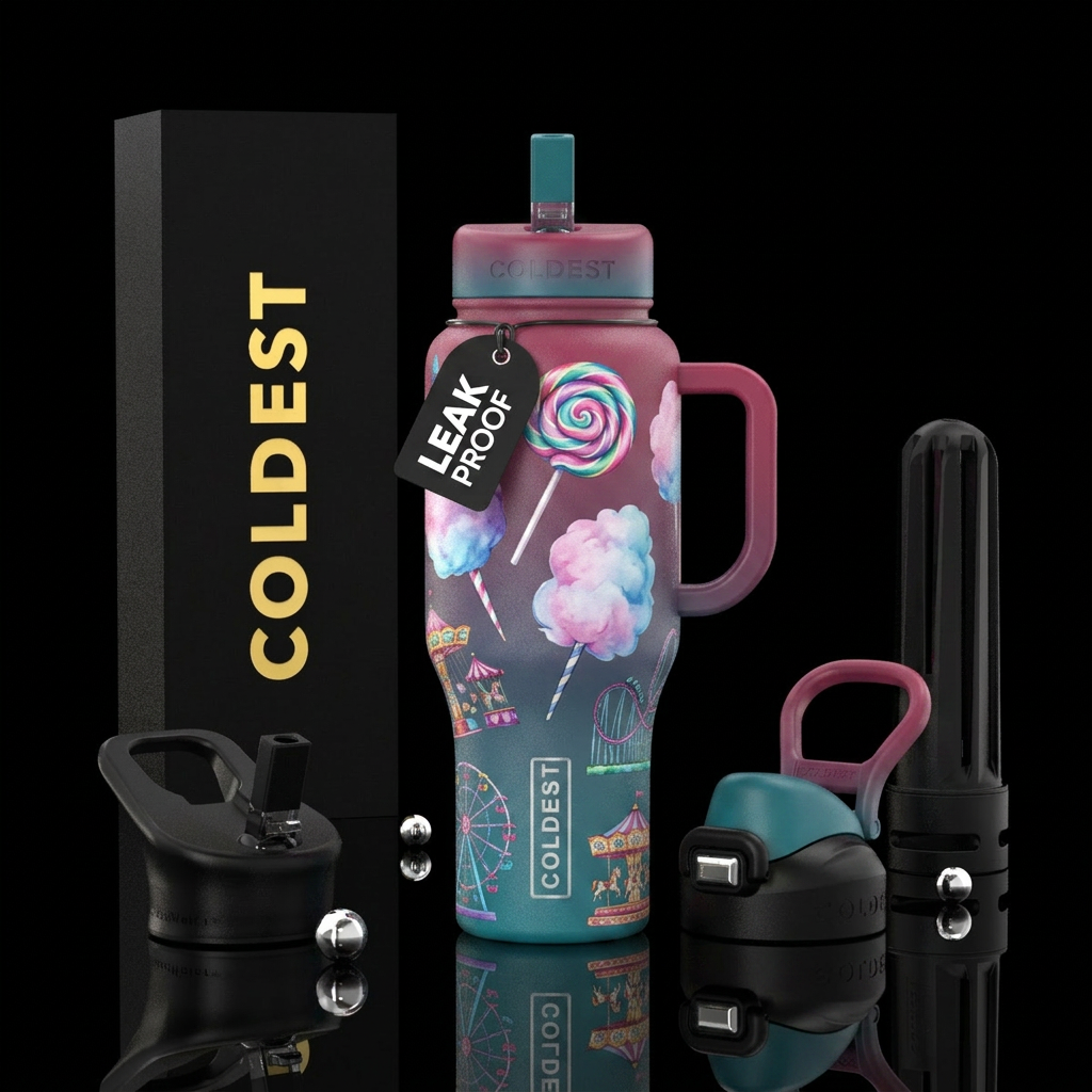 lollipop, cotton candy, fair, rides water bottle design