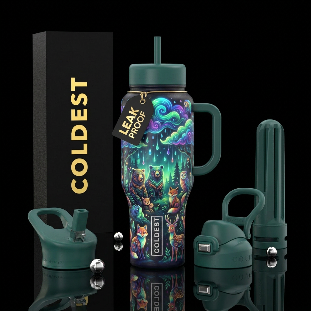 glowie, clouds, rain, forest animals water bottle design