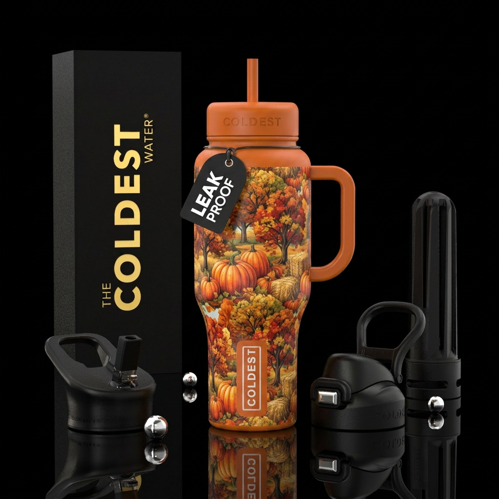 pumpkins, fall trees, hay water bottle design
