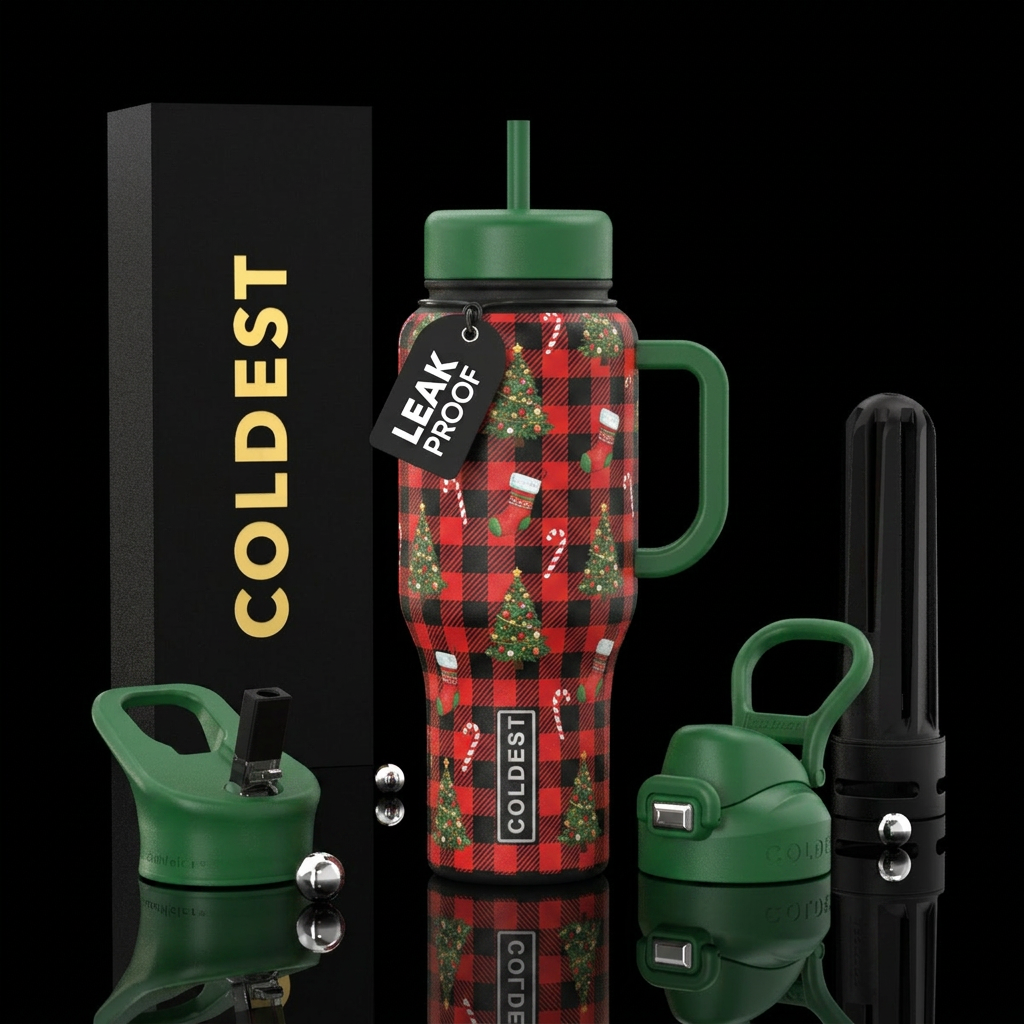 buffalo check, red, black, stockings, candy cane, ... water bottle design