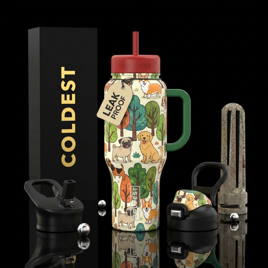 cartoon, dog, trees water bottle design
