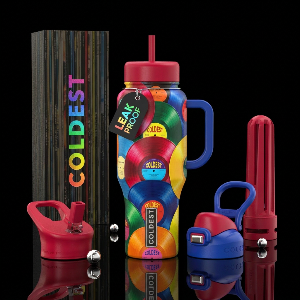 vinyl record, vibrant, realism water bottle design