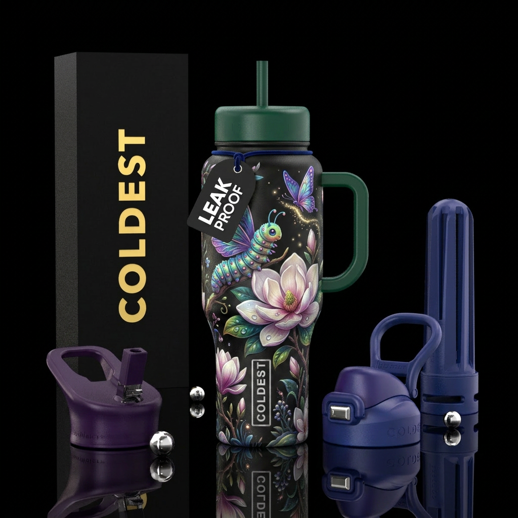 caterpillar, magnolia, magical, fantasy, butterfly water bottle design