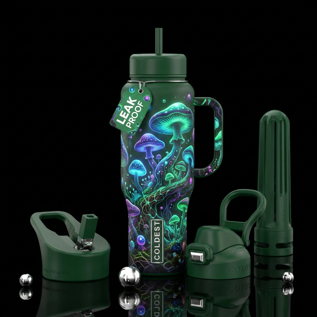 mushroom forest, otherworldly, magic water bottle design