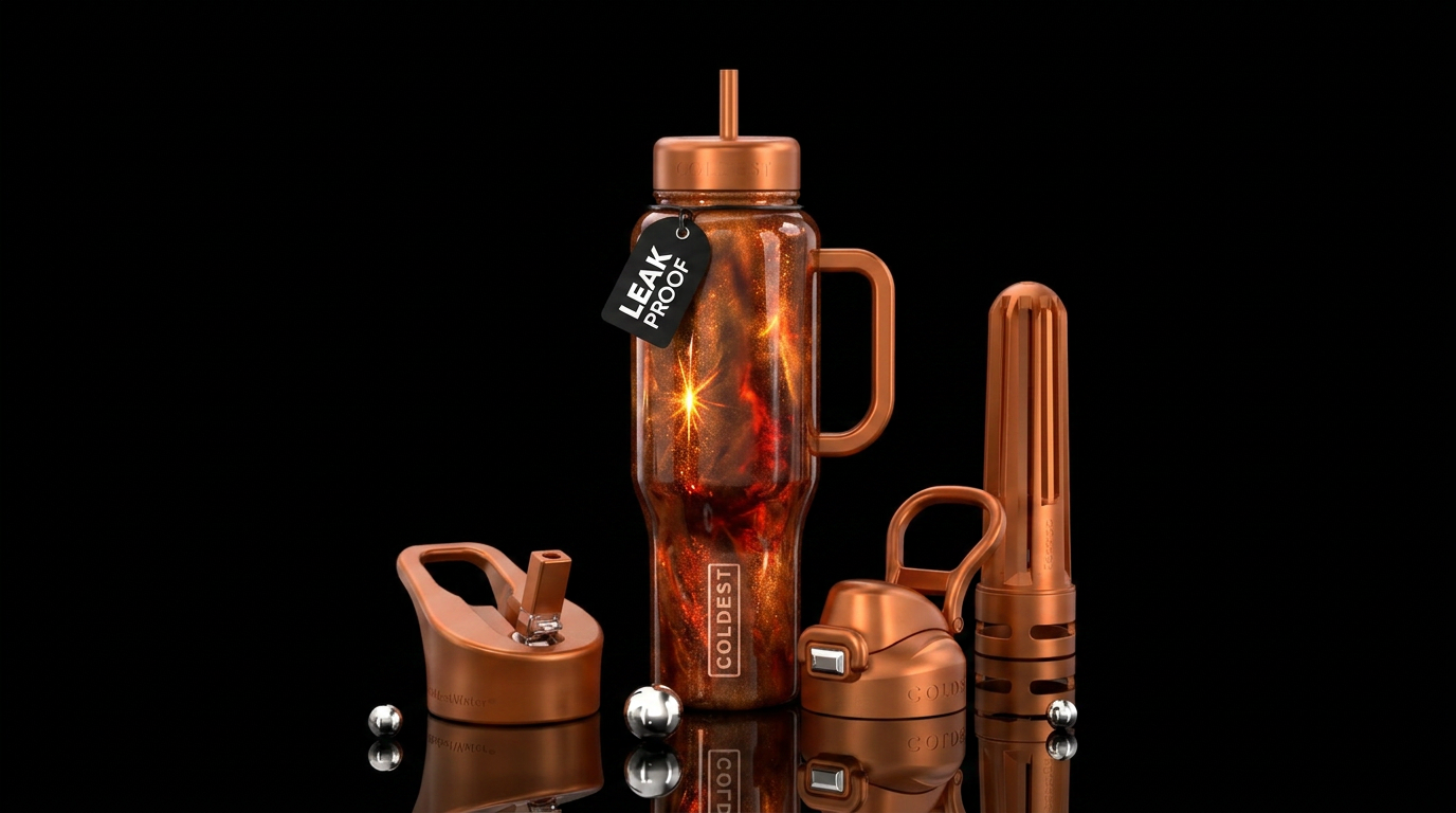 caramel, sparkly, shiny, firery water bottle design