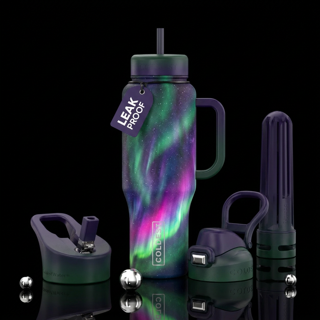 northern lights, vibrant, magical water bottle design