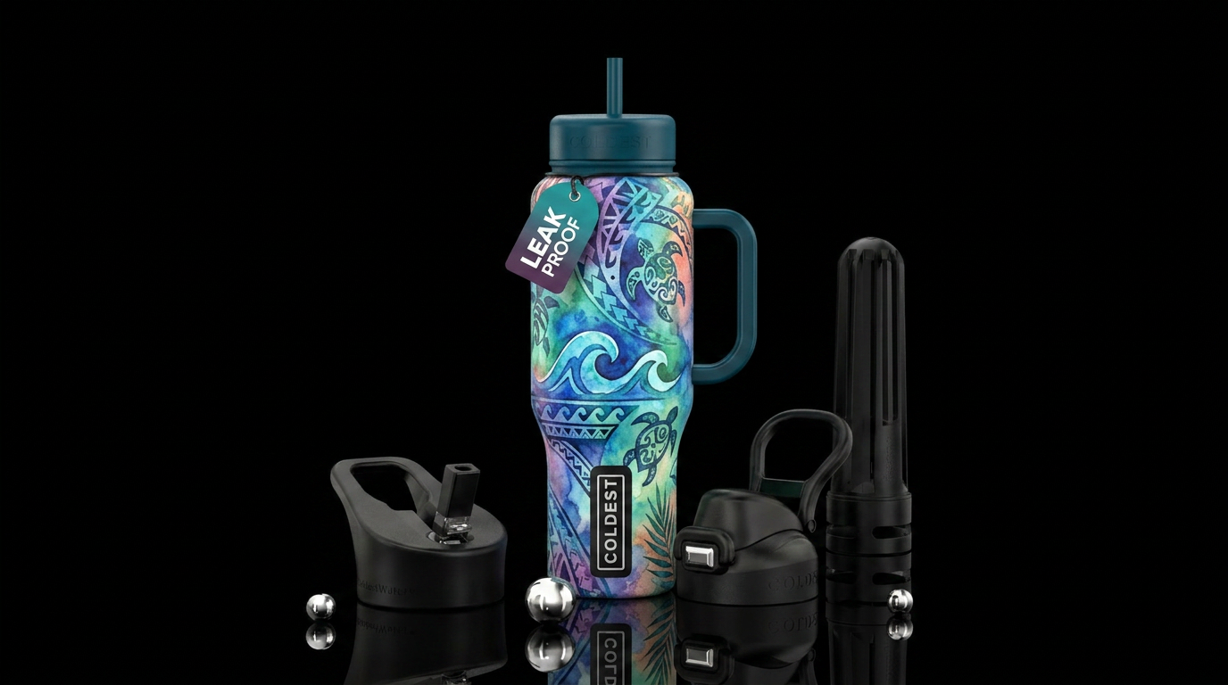 polynesian, watercolor water bottle design