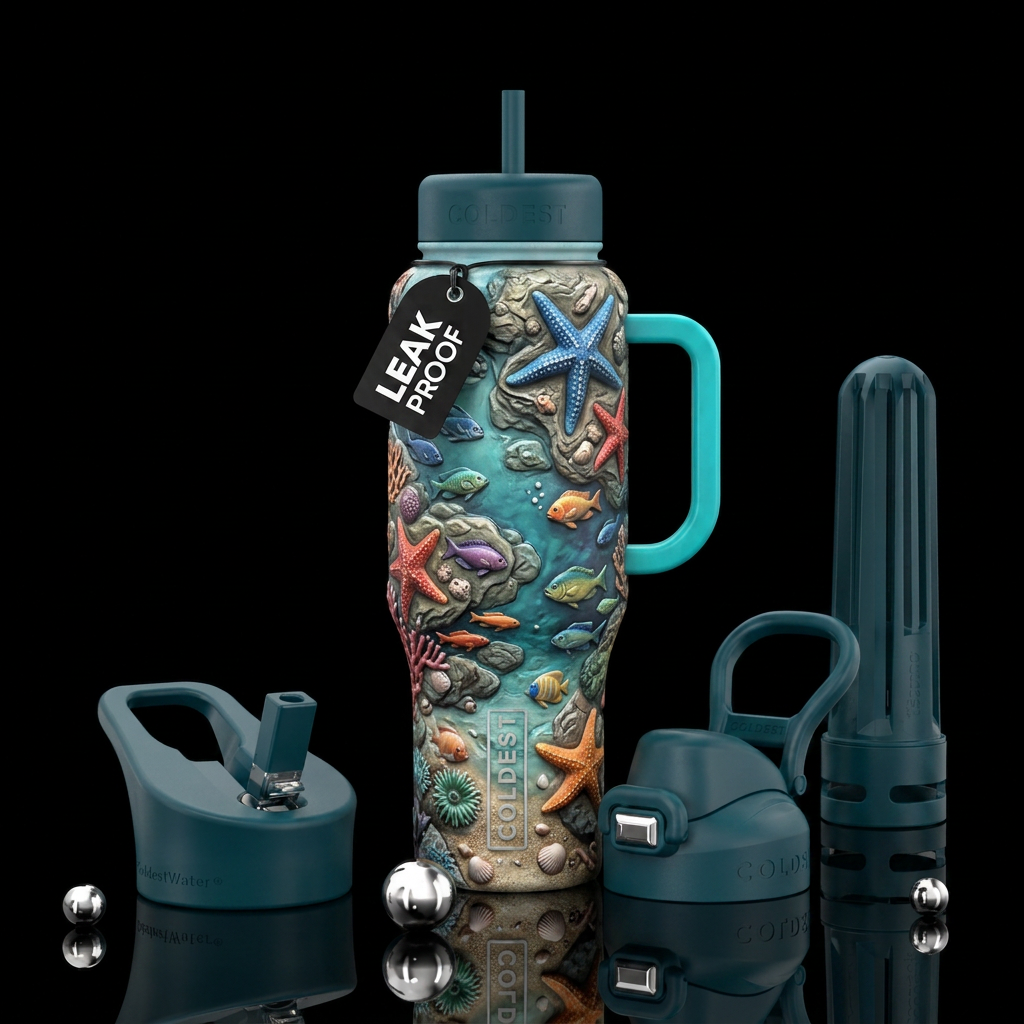 starfish, fish, tide pool, water bottle design