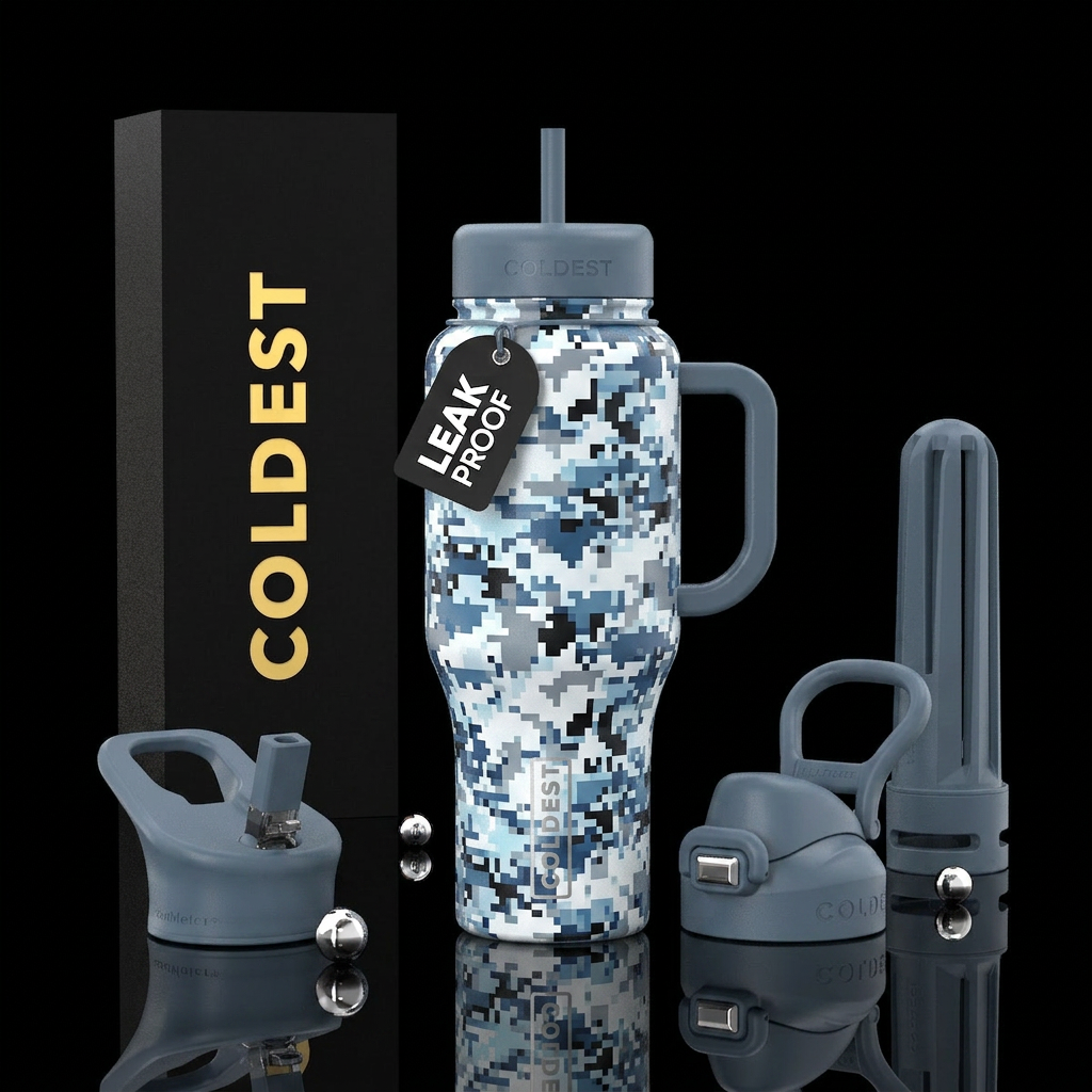 digital camo winter colors water bottle design