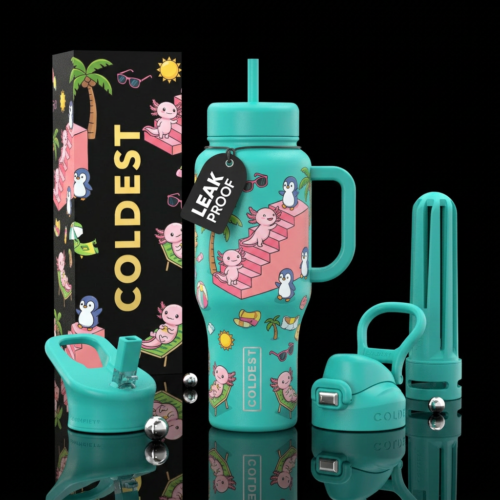 Axolotl on the pink stairs water bottle design