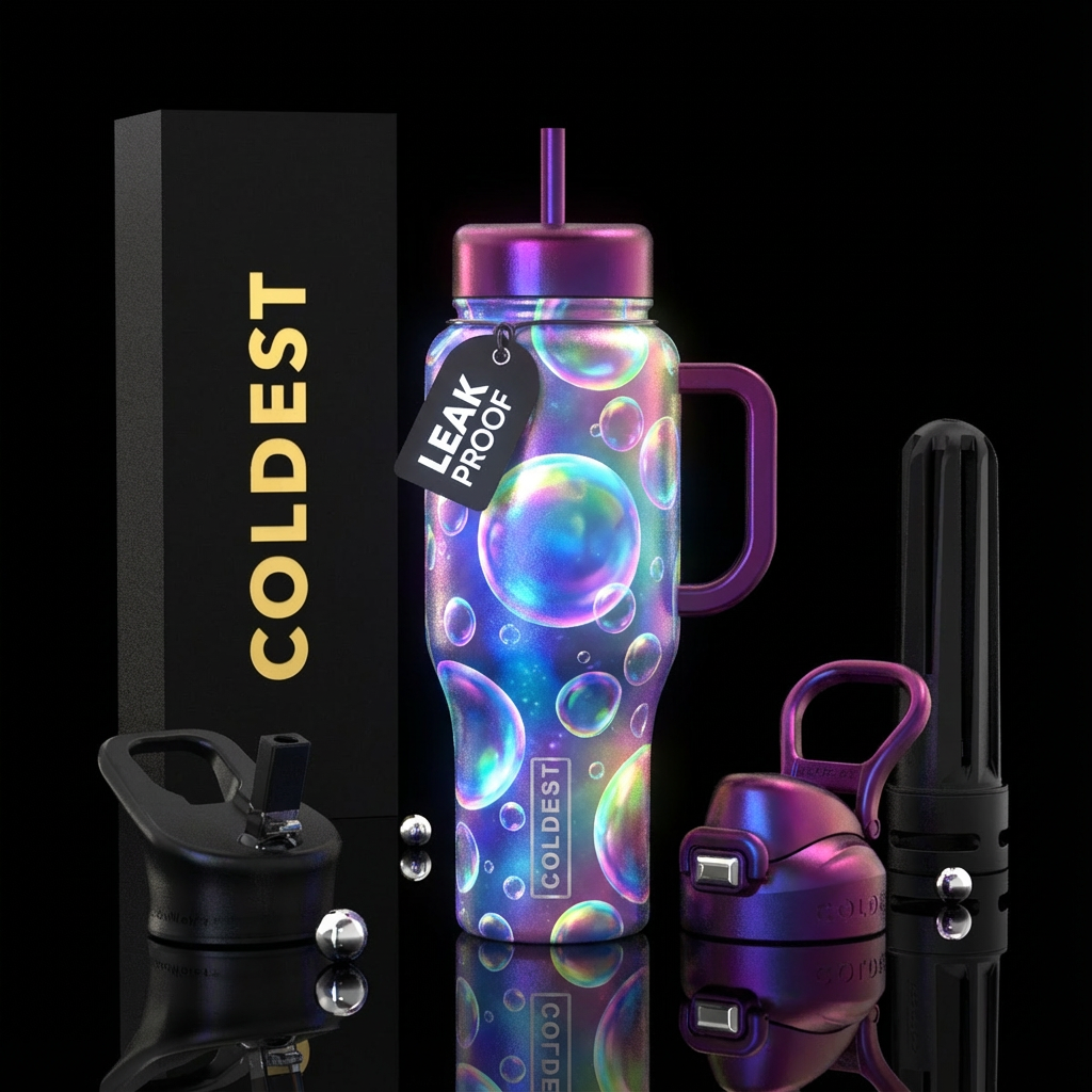 Bubbles, glowie, vibrant, irridescent, whimsical water bottle design